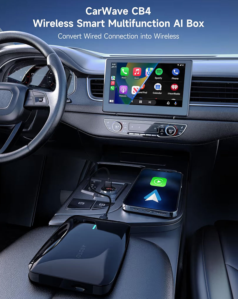 KI-boksopgradering Koordlose CarPlay/Android Auto-adapter Versoenbaar met YouTube, Prop-en-speel Slim KI-bokssteun, Dubbele Bluetooth, GPS-spoor