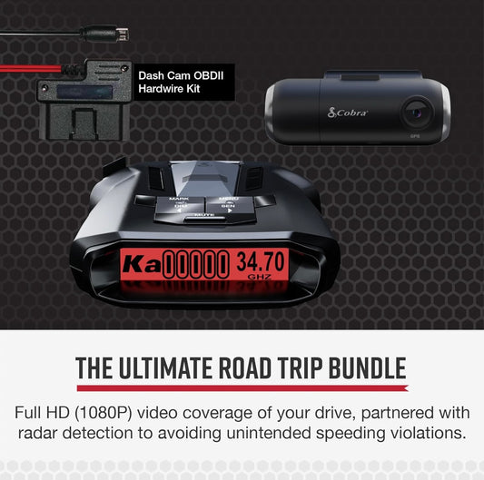 Cobra RAD 700i Radarverklikker & SC 201 Slim Streepkamera + 2.5A OBD-poort na Mikro-USB Vol HD 1080P Video + 16GB SD-kaart, Ingeboude WiFi & GPS
