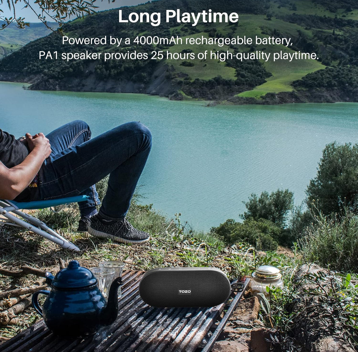 PA1 Bluetooth Portable Speaker Built-in Microphone Stereo Sound, 25H Playtime, IPX7 Waterproof - Matte Black