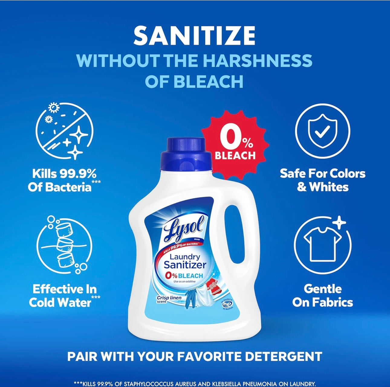 Lysol Ontsmettende Wasgoedontsmetter & Geurversterker, Wasgoedwasmiddelbymiddel, Kleurveilige Bleikmiddelalternatief, Wasgoedreukverwyderaar, Dood Bakterieë & Virusse, Crisp Linen Geur, 90 Fl Oz