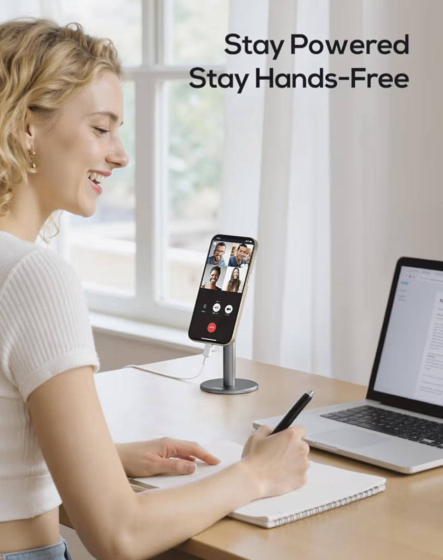Magnetic Fully Aluminum Phone Stand, 360 Rotating for Desk w/ Metal Ring, Adjustable Holder with MagSafe Case - Silver