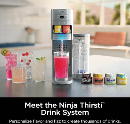 Ninja Thirsti Drankstelsel, Koeldrankmaker, Skep Unieke Vonkel- en Stil Drankies, Verpersoonlik Grootte en Geur, Koolzuurwatermasjien, 60L CO2-silinder en Verskeidenheid Gegeurde Waterdruppels - Grys