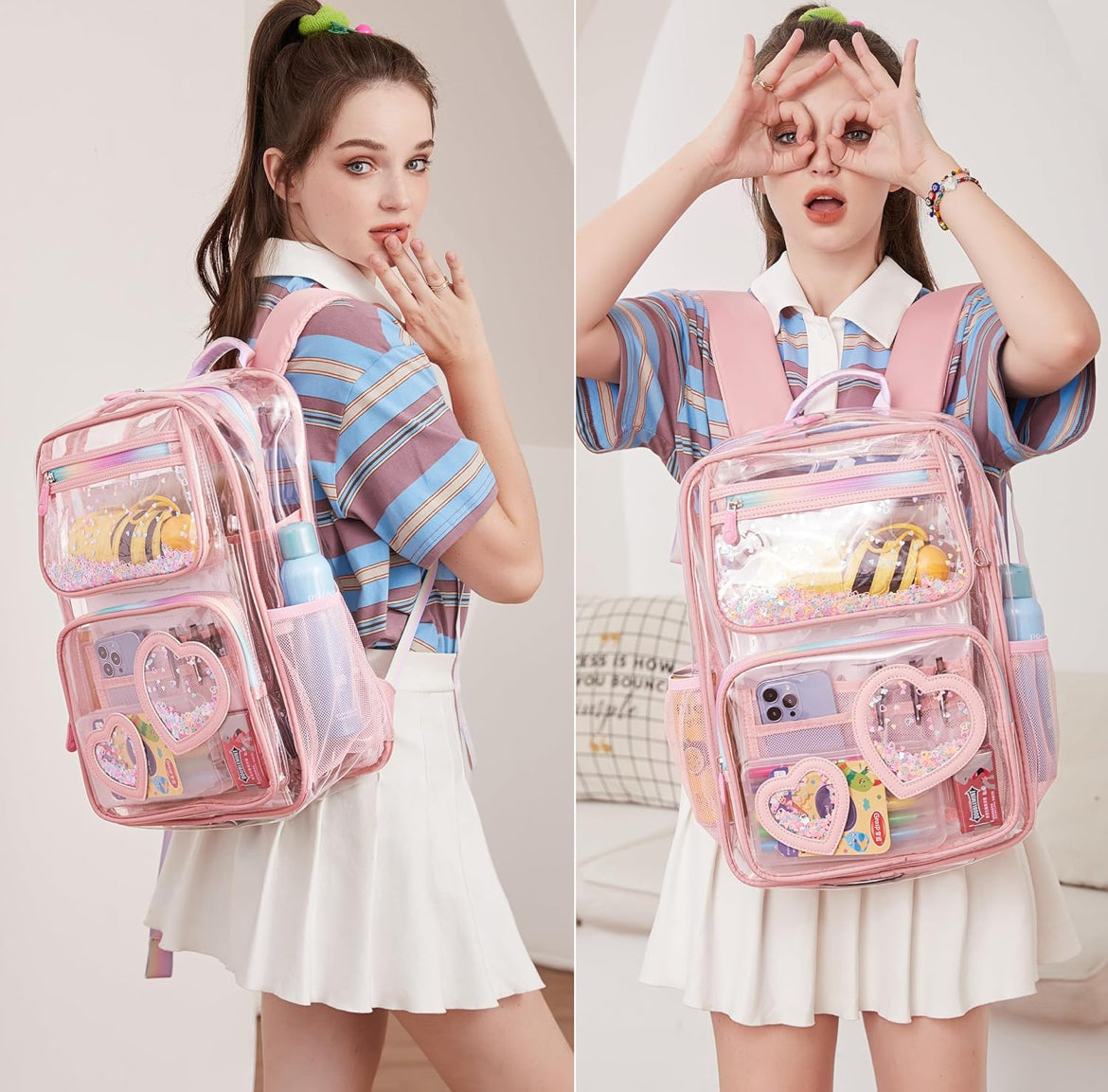 Clear Backpack for Girls Women Transparent Kids Elementary College School Bag Travel Laptop Backpacks Large Bookbags (Pink)