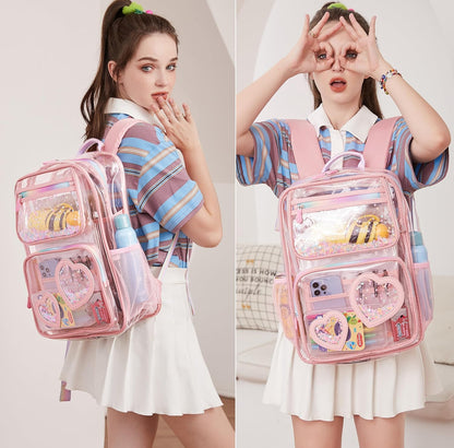 Clear Backpack for Girls Women Transparent Kids Elementary College School Bag Travel Laptop Backpacks Large Bookbags (Pink)