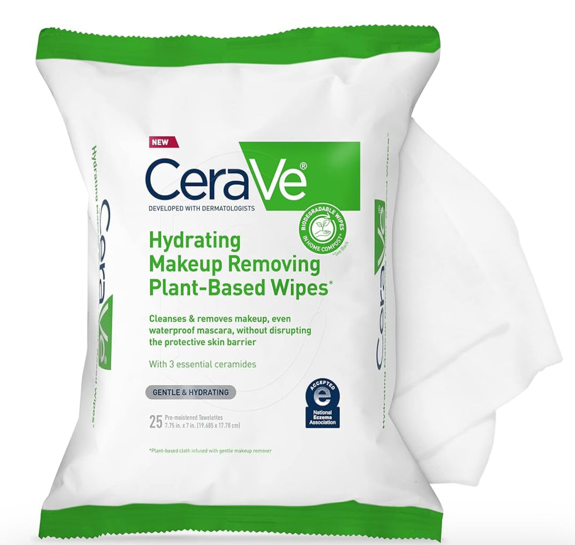 CeraVe Make-upverwyderaar Doekies, Plantgebaseerde Bioafbreekbare Waterlose Gesigwas, Reisbenodigdhede Nie-komedogenies -1 PK