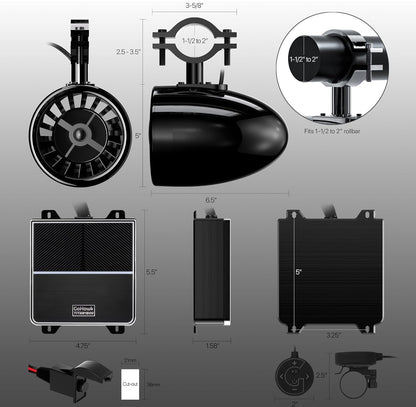 Sound System 1000W Speakers 5" UTV Sound Bar w/ RGB Waterproof 4 Woofer & 4 Tweeter, Bluetooth/FM/USB/AUX input