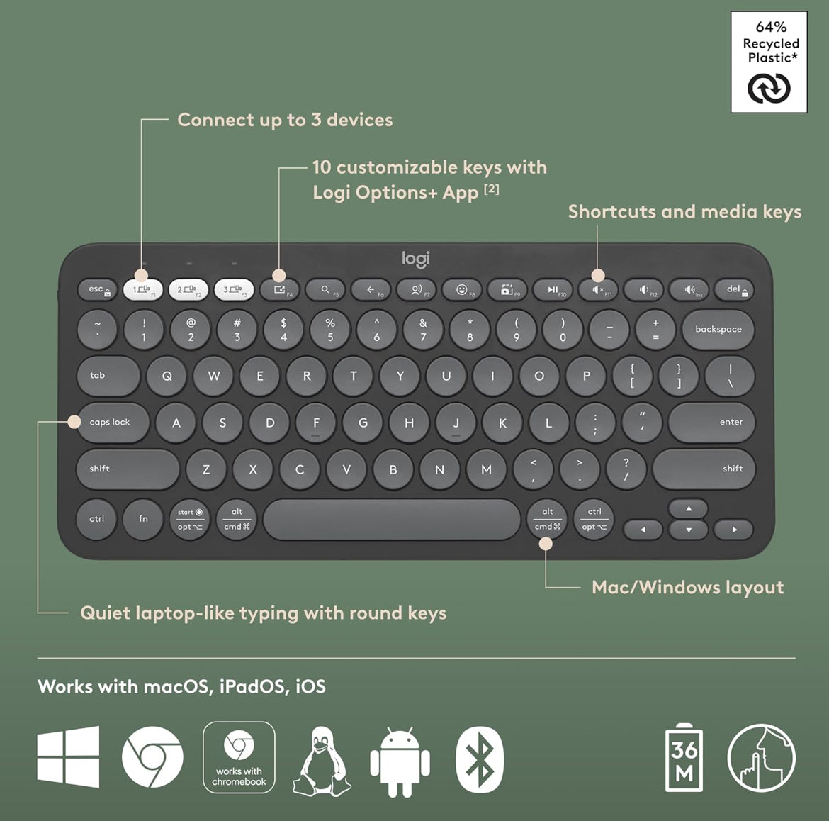 Logitech Pebble Keys 2 K380s, Multi-Toestel Bluetooth Draadlose Sleutelbord met Aanpasbare Kortpaaie, Slank en Draagbaar, Maklike Skakeling vir Windows, macOS, iPadOS, Android, Chrome OS - Tonal Grafiet
