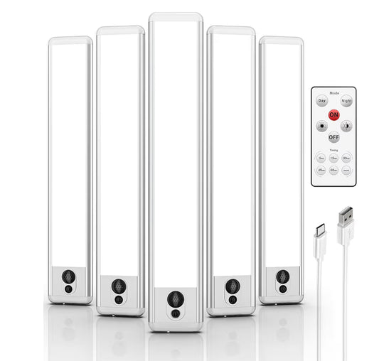 LED Under Lights Wireless USB Charging, Motion Sensor Lighting Indoor 5700K Dimmable w/ Remote Control (White) 5 PK