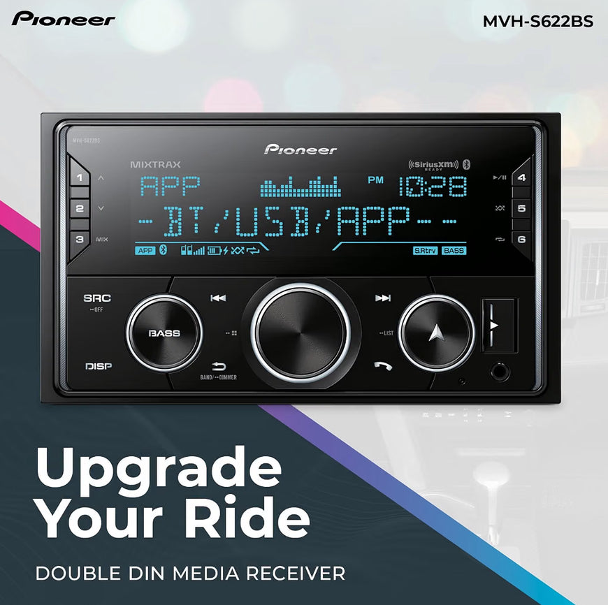 Pioneer MVH-S622BS Double Din Car Stereo with Bluetooth, USB
Digital Media Receiver, SiriusXM, Color Change, FLAC, Voice Control, 50W x 4 Output, 13-Band EQ, AM/FM, Hi-Volt RCA Preouts