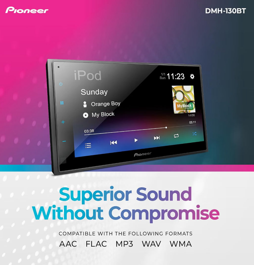 Pioneer DMH-130BT 6.8" Capacitive Touchscreen Double Din Car Stereo
Digital Multimedia Receiver, Bluetooth, Backup Camera, USB, FLAC, AM/FM, Short Chassis, 50W x 4 Output, Steering Wheel Input