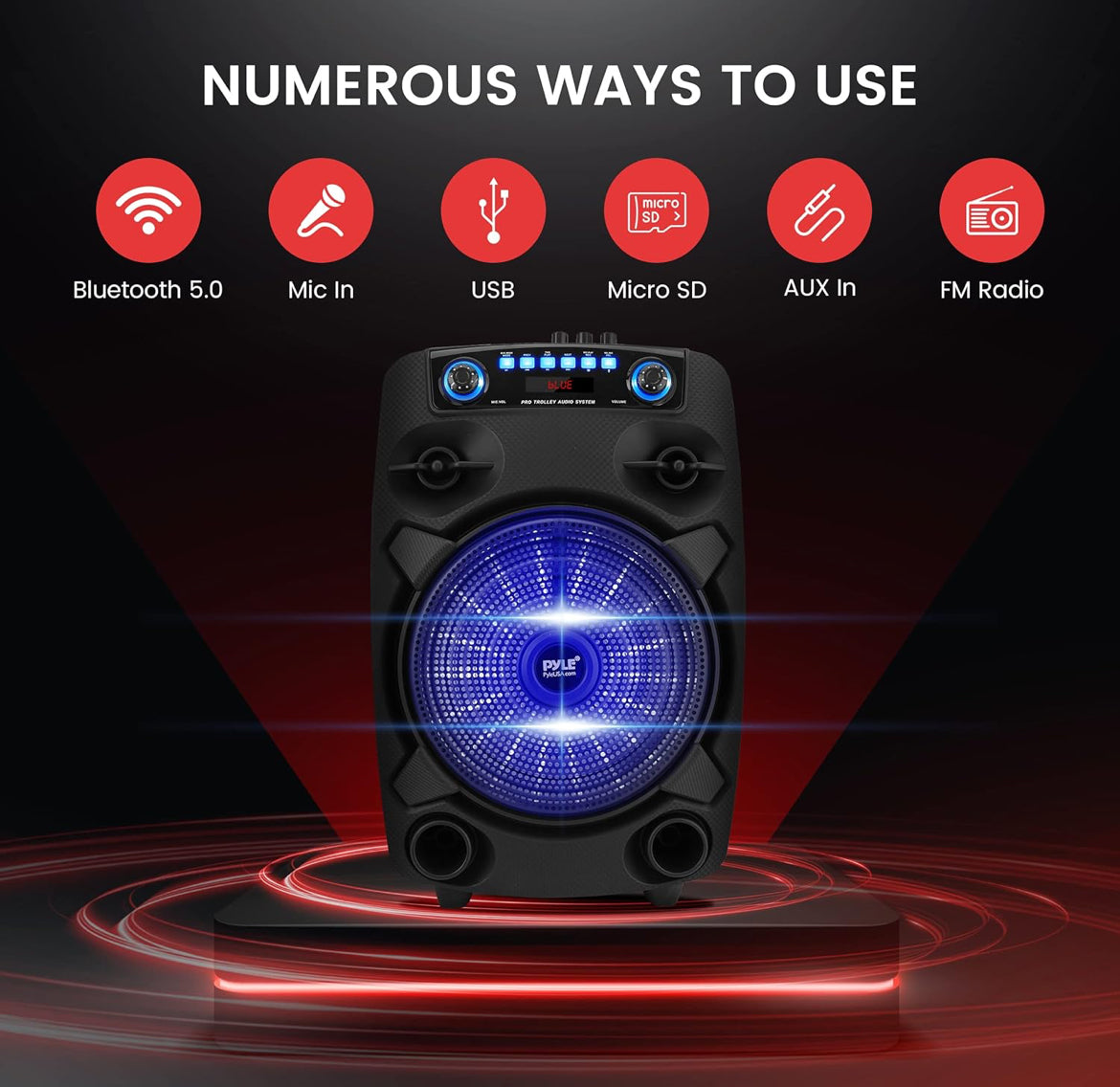 Portable Bluetooth PA Speaker System 800W 12” Outdoor - Party Lights, USB SD Card Reader, FM Radio, Rolling Wheels - Wired microphone, Remote