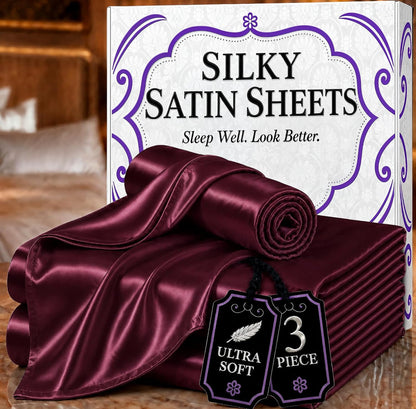 DECOLURE Satin Bed Sheets - 3 Piece Luxury Silky Twin Size Bedding Set - Softer Than Silk, Wrinkle-Free with 15” Deep Pocket Fitted Sheet, Perfect for Hair & Skin, Gifts for Women (Rosewood)