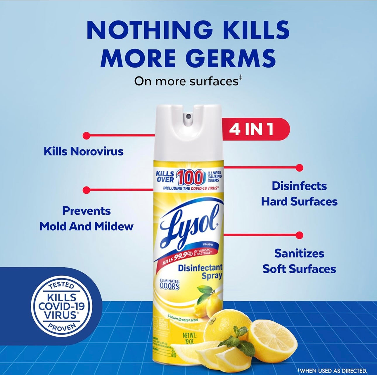 Lysol Ontsmettingssproei, Saniterende en Antibakteriese Sproei, Vir Ontsmetting en Ontgeuring, Suurlemoen Briesie, 19 Vloeistof Onse (Pak van 2), Verpakking Kan Verskil