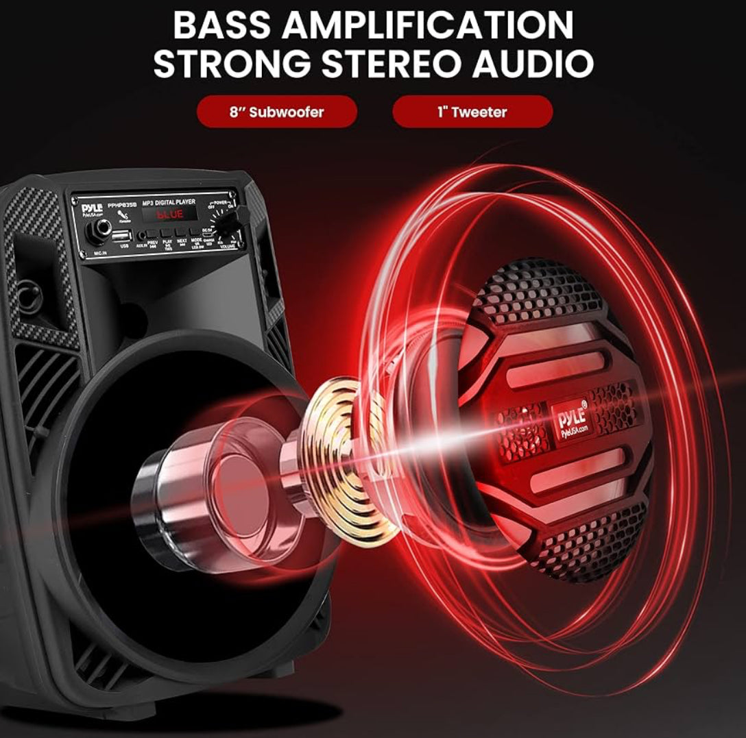 Rechargeable Bluetooth 300W Outdoor Bluetooth Speaker Portable PA System w/ 8” Subwoofer 1” Tweeter, Microphone In, Party Lights, MP3/USB, Radio, Remote