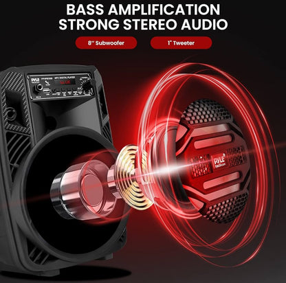 Rechargeable Bluetooth 300W Outdoor Bluetooth Speaker Portable PA System w/ 8” Subwoofer 1” Tweeter, Microphone In, Party Lights, MP3/USB, Radio, Remote