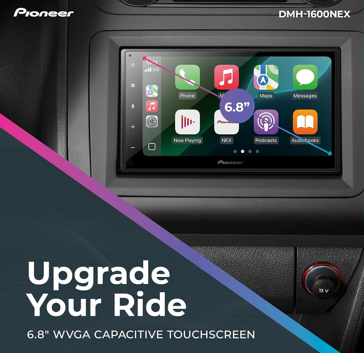 Pioneer 6.8" Capacitive Touchscreen Double Din Car StereoDigital Multimedia Receiver, Wired CarPlay & Android Auto, Bluetooth, Backup Cam, USB, AM/FM, Front/Rear/Sub RCA Preouts