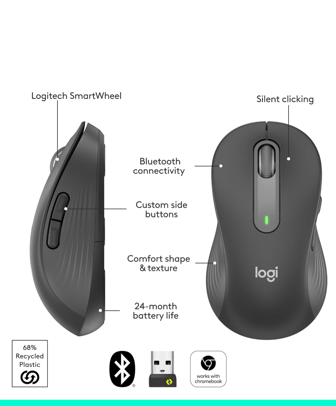 Logitech Signature M650 L Links (Grafiet) - Opties - Draadloos - Bluetooth/Radiofrekwensie - Grafiet - USB - 2000 dpi - Rolwiel - 5 Knoppies - 5 Programmeerbare Knoppies - Groot Hand/Palm Grootte -