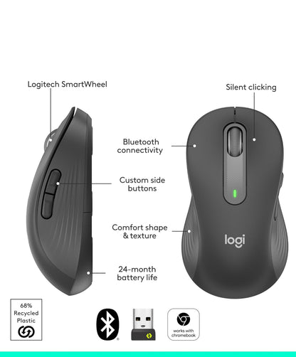 Logitech Signature M650 L Links (Grafiet) - Opties - Draadloos - Bluetooth/Radiofrekwensie - Grafiet - USB - 2000 dpi - Rolwiel - 5 Knoppies - 5 Programmeerbare Knoppies - Groot Hand/Palm Grootte -