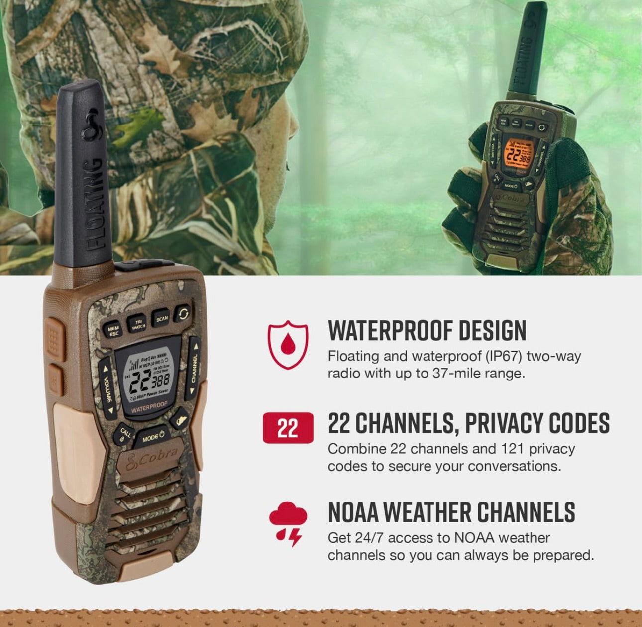 Cobra ACXT1035R FLT Waterdigte Handradio's - Herlaaibaar, Dryf, 22 Kanale, Langafstand 37-Myl Tweerigting Radiostel (2-pak)