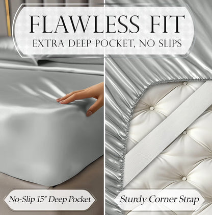 DECOLURE Satin Bed Sheets - 4 Piece Luxury Silky Queen Size Bedding Set - Softer Than Silk, Wrinkle-Free with 15” Deep Pocket Fitted Sheet, Perfect for Hair & Skin, Gifts for Women (Grey)