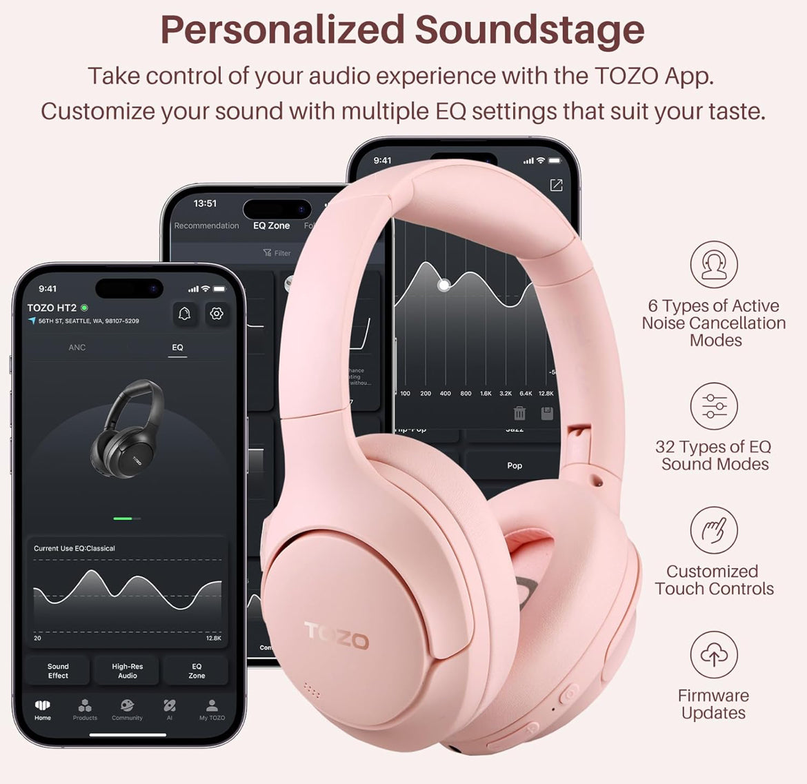 Hybrid Active Noise Cancelling Headphones, Wireless Over Ear Bluetooth, 40H Playtime, Hi-Res Audio Custom EQ, Comfort Fit Ear Cups (Pink)