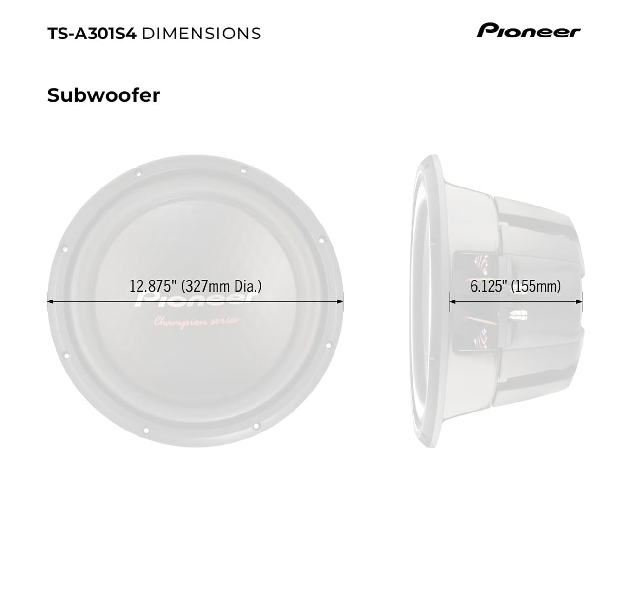 Pioneer TS-A301S4 – Kragtige 12-duim Subwoofer, 1600 Watt Spitskrag, Enkele 4 Ohm Spreekspoel vir Kragtige Bas
