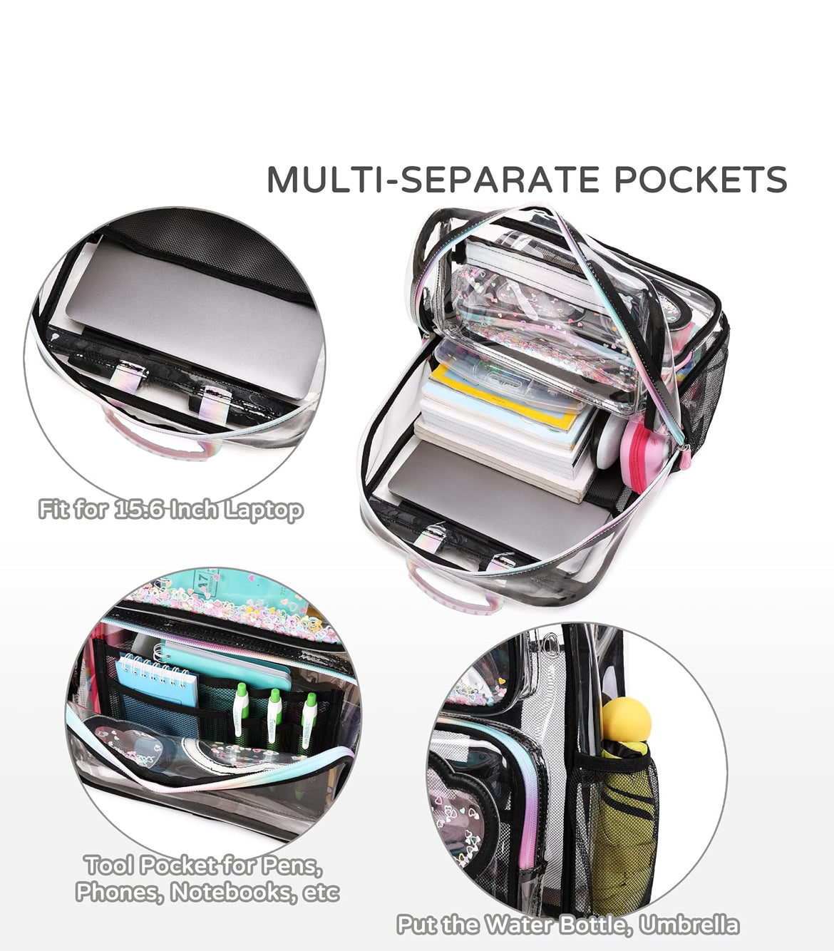 Clear Backpack for Girls Women Transparent Kids Elementary College School Bag Travel Laptop Backpacks Large Bookbags (Black)