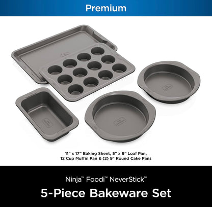 Ninja B35005 Foodi NeverStick Premium 5-stuk Bakwareplaatstel, Oondveilig tot 260°C - 12 Koppie Muffinpan, & (2) 9 Duim Ronde Koekpanne - Grys