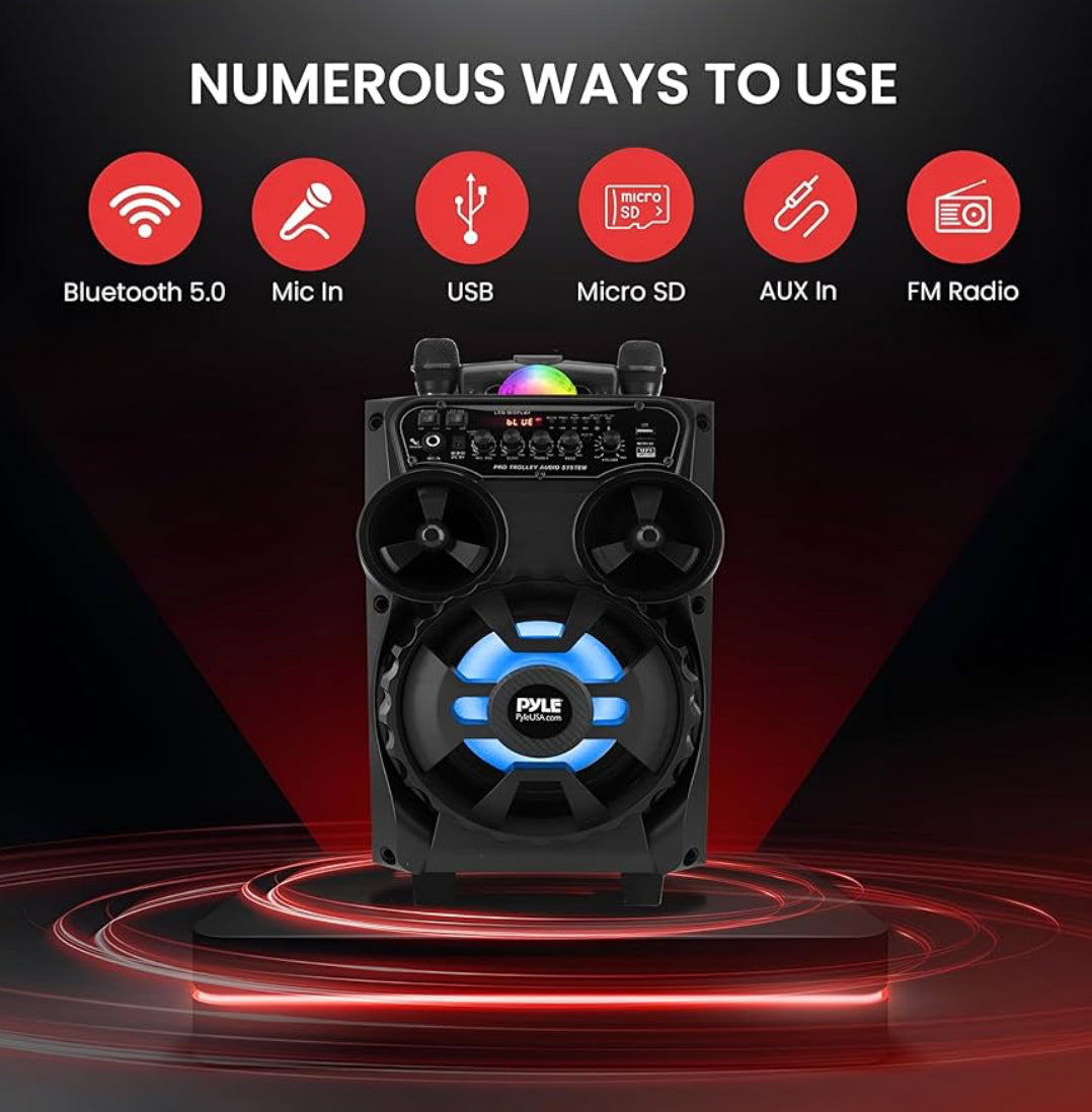 Draagbare Herlaaibare Bluetooth PA-luidspreker - 580W 8” Buite BT Karaoke Oudiostelsel - TWS, Disco Partytjie Beligting, LED-skerm, FM/AUX/MP3/USB/SD, 6.5mm in, Trollie, Wiele - Koordlose Mikrofoon, Afstandbeheer