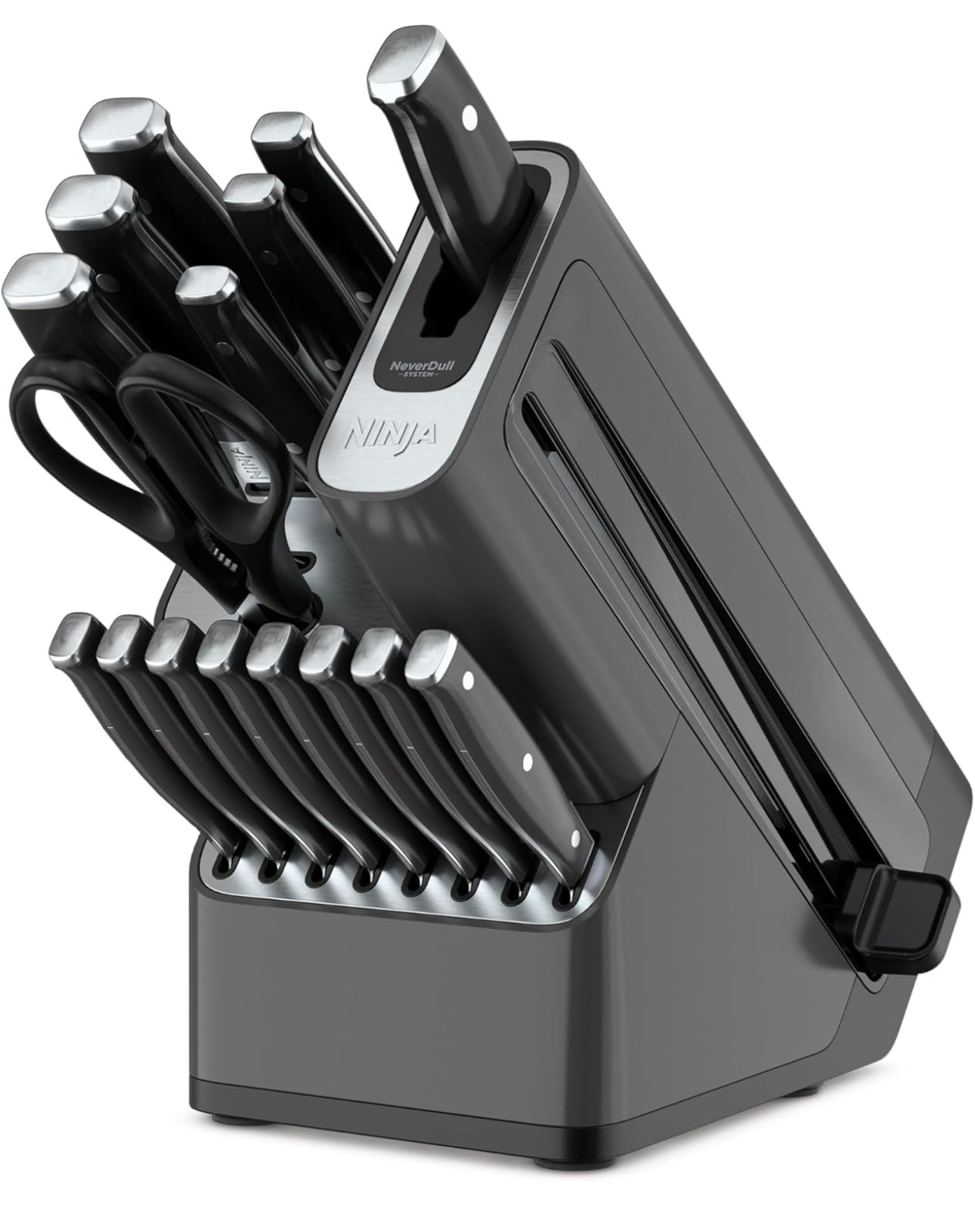 Ninja K32017 Foodi NeverDull Premium Messe Stelsel, 17 Stukke Messeblokstel met Ingeboude Skerpmaker, Duitse Vlekvrye Staal Messe, Swart