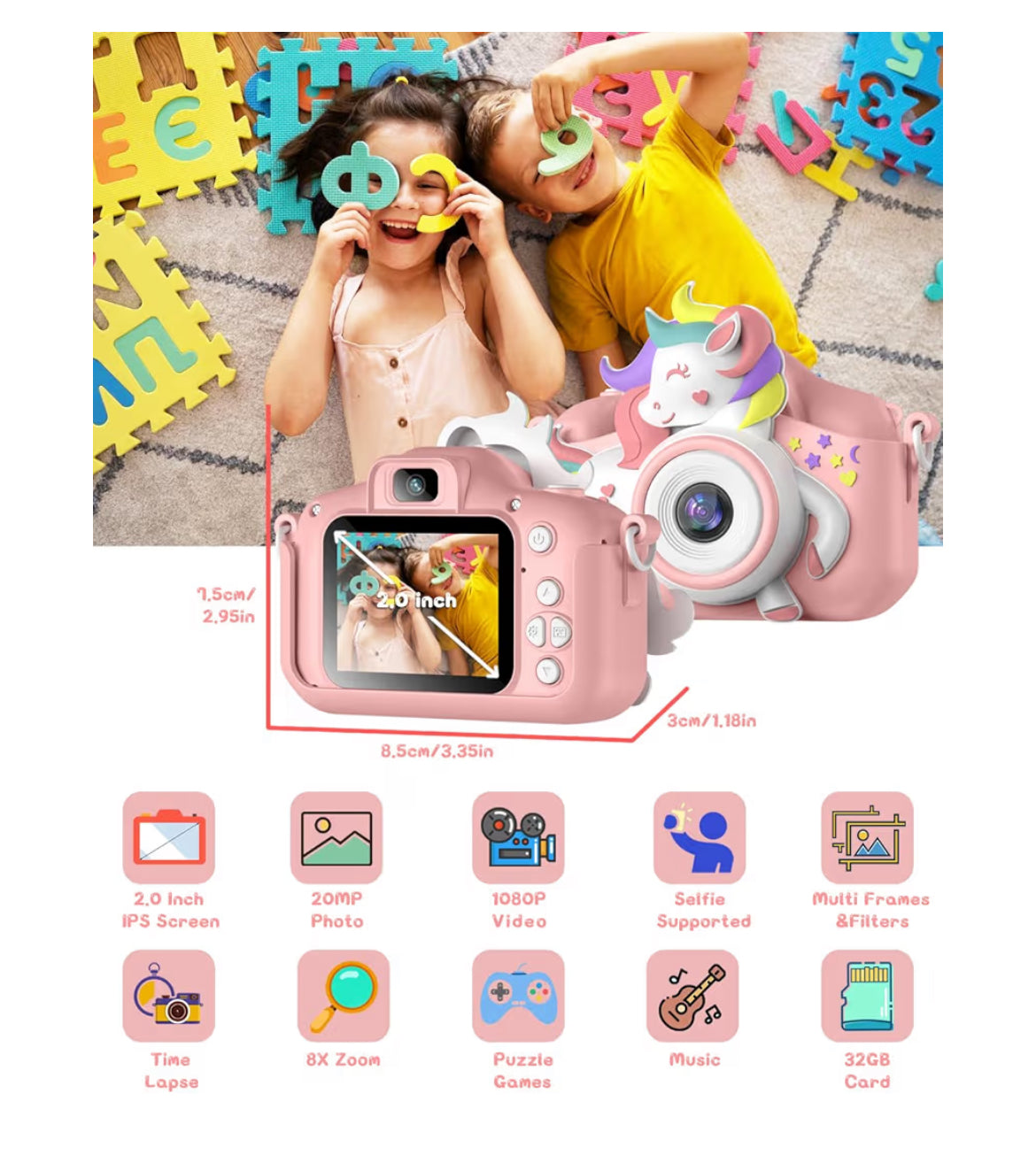 Kids Selfie Camera 20 MP HD 1080P IPS Screen Dual Digital Toy w/ 32Gb Card - (White/Pink)