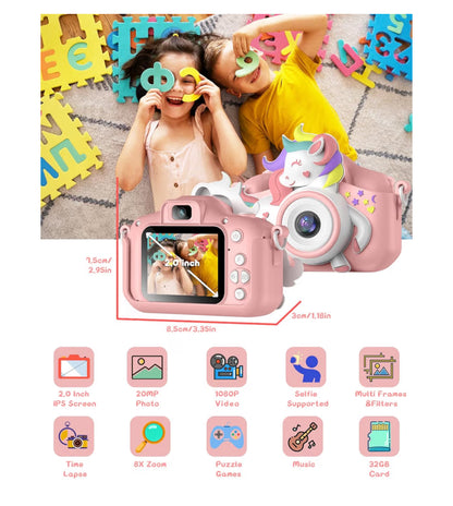 Kids Selfie Camera 20 MP HD 1080P IPS Screen Dual Digital Toy w/ 32Gb Card - (White/Pink)