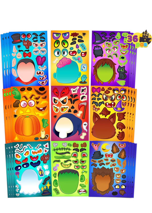 JOYIN 36 STKS Halloween Make-a-face Plakkerblad, Kinders Partytjie Guns Handwerkbenodigdhede, Maak Jou Eie Karakter Plakkers met Vampier, Heks, Frankenstein, Spook, Halloween Lekkernye Klasaktiwiteite Speletjie
