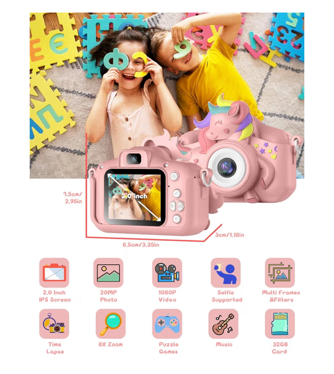 Kinders Selfie-kamera 20 MP HD 1080P IPS-skerm Dubbele Digitale Speelding m/ 32Gb Kaart - (Pienk)