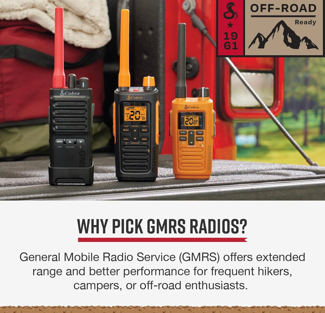 Cobra Trailblazer 500 GMRS Radio (2-pak) – IP54 Robuuste Ontwerp Sonder Skerm, 2.5W Langafstand Walkie Talkies, 16 uur Battery, Draaiholster, Programmeerbare Sagteware, Verwyderbare Antenna, Herhaler Versoenbaar