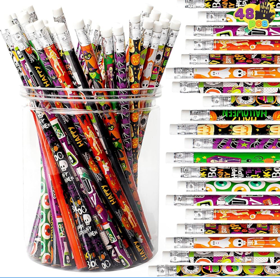 JOYIN 48 STUKS Halloween Potlode Grootmaat met Uitveër, Kleurvolle Herfs Potloodkeuse, 12 Ontwerp Halloween Tema Skryfbehoeftesstel vir Kind Meisie Seun Klop-aan-deure Partytjiegunste Benodigdhede, Klaskamergeskenkprys