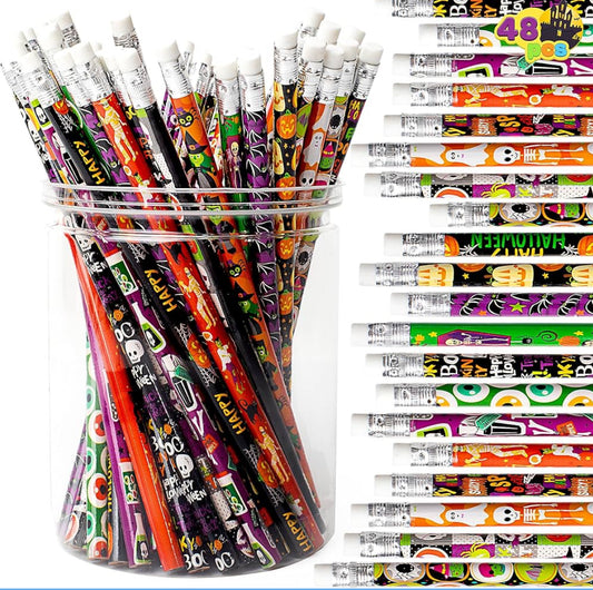 JOYIN 48 STUKS Halloween Potlode Grootmaat met Uitveër, Kleurvolle Herfs Potloodkeuse, 12 Ontwerp Halloween Tema Skryfbehoeftesstel vir Kind Meisie Seun Klop-aan-deure Partytjiegunste Benodigdhede, Klaskamergeskenkprys
