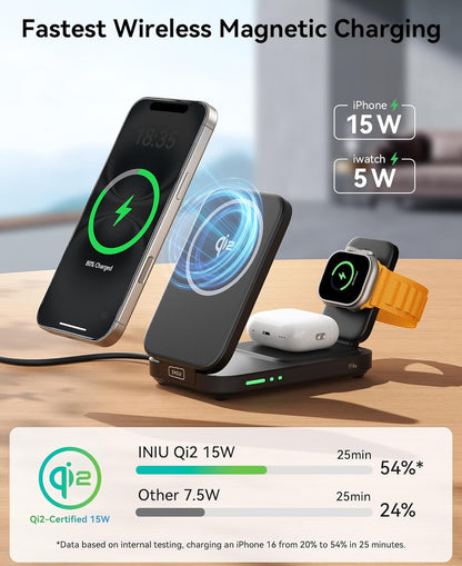 INIU 3 in 1 Wireless Charging Station, Qi2 Certified Magnetic Travel Charger for Apple Multiple Devices, Foldable Charger Stand for Apple iPhone 16 15 14 13 12 Series Watch AirPods (Blue)
