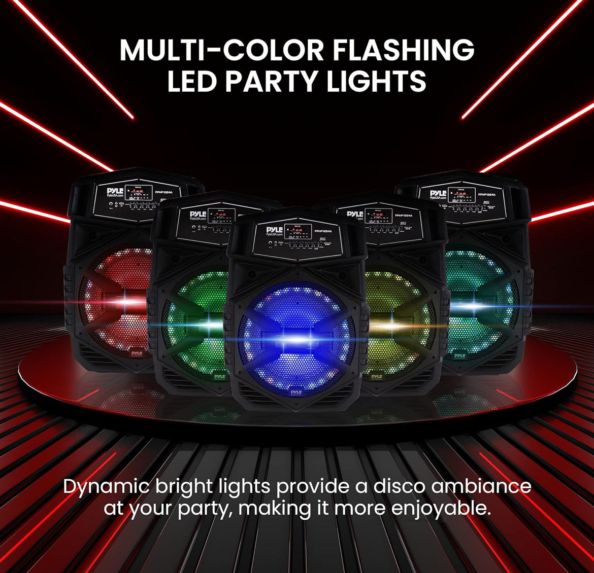 Portable Bluetooth Speaker System 12" 1000W w/ LED Lights, USB/Micro SD/FM/BT/Aux/Remote Control/Mic & Guitar Inputs, Built-in Rechargeable Battery w/ Wheels & Handle Bar
