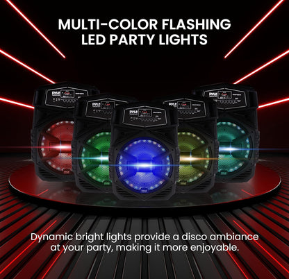Portable Bluetooth Speaker System 12" 1000W w/ LED Lights, USB/Micro SD/FM/BT/Aux/Remote Control/Mic & Guitar Inputs, Built-in Rechargeable Battery w/ Wheels & Handle Bar