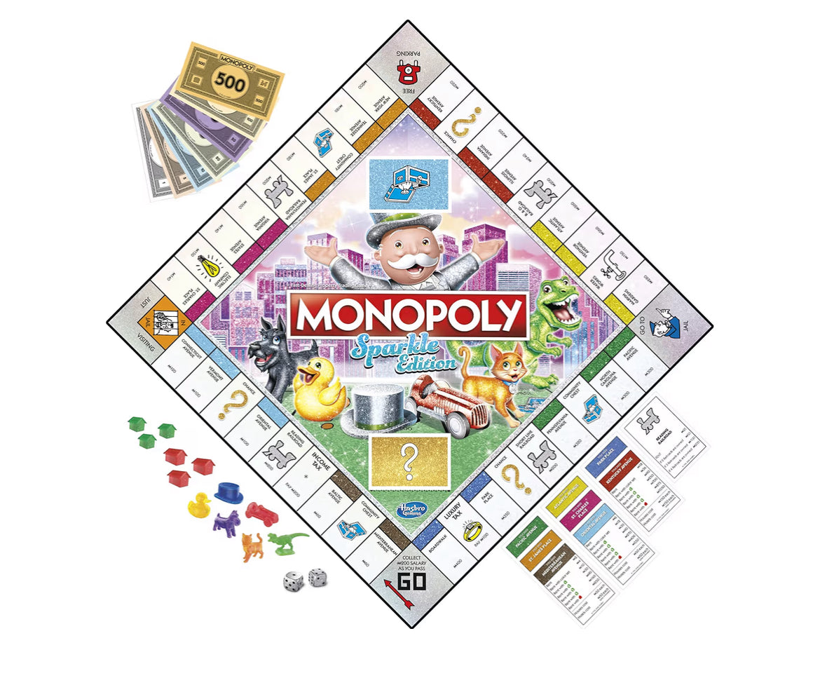 Hasbro Gaming Monopoly Sparkle Edition Board Game w/ Glittery Tokens, Pearlescent Dice, Sparkly Look
