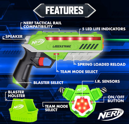 NERF Laser Strike 4 Player Laser Tag Game Pack Complete with 4 300ft Range Blasters, 4 Target Vests & 4 Holsters - Indoor or Outdoor Play Arcade Games, Toys for Kids & Family