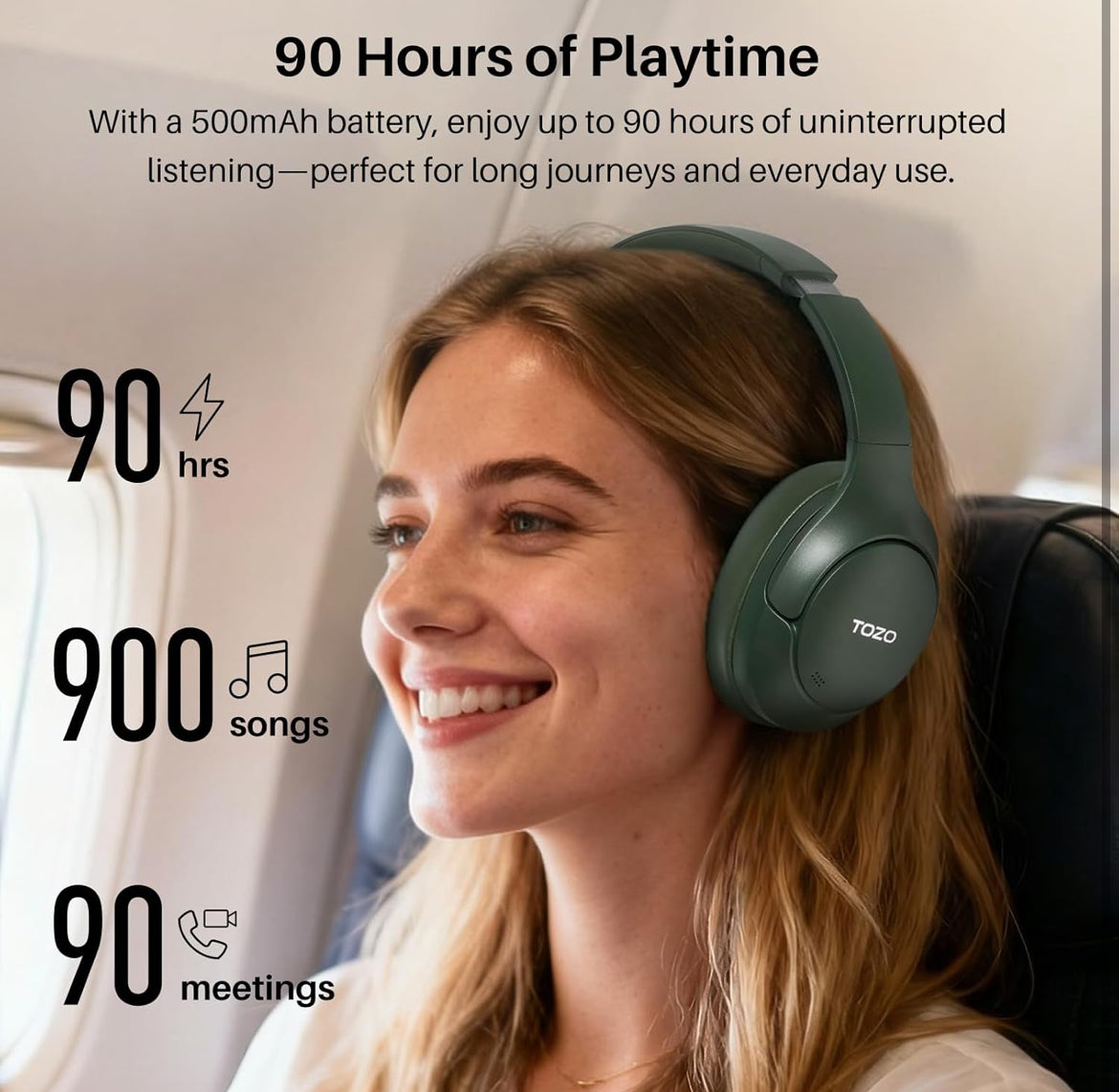HT3 Hybrid Noise Cancelling Headphones, 90H Battery Life Over Ear Bluetooth 6.0 Foldable Headset, AI Voice Assistant - Green