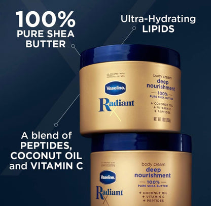 Vaseline Radiant X Deep Nourishment Body Cream 100% Pure Shea Butter, Coconut Oil, Vitamin C, & Peptides 10 oz