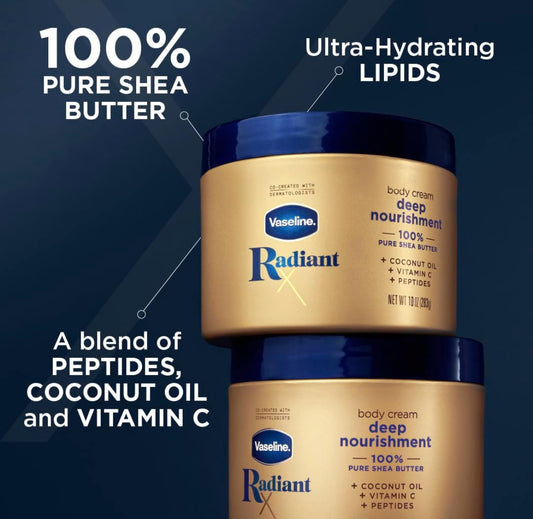 Vaseline Radiant X Diepvoedende Liggaamsroom 100% Suiwer Sheabotter, Klapperolie, Vitamien C, & Peptiede 295 ml