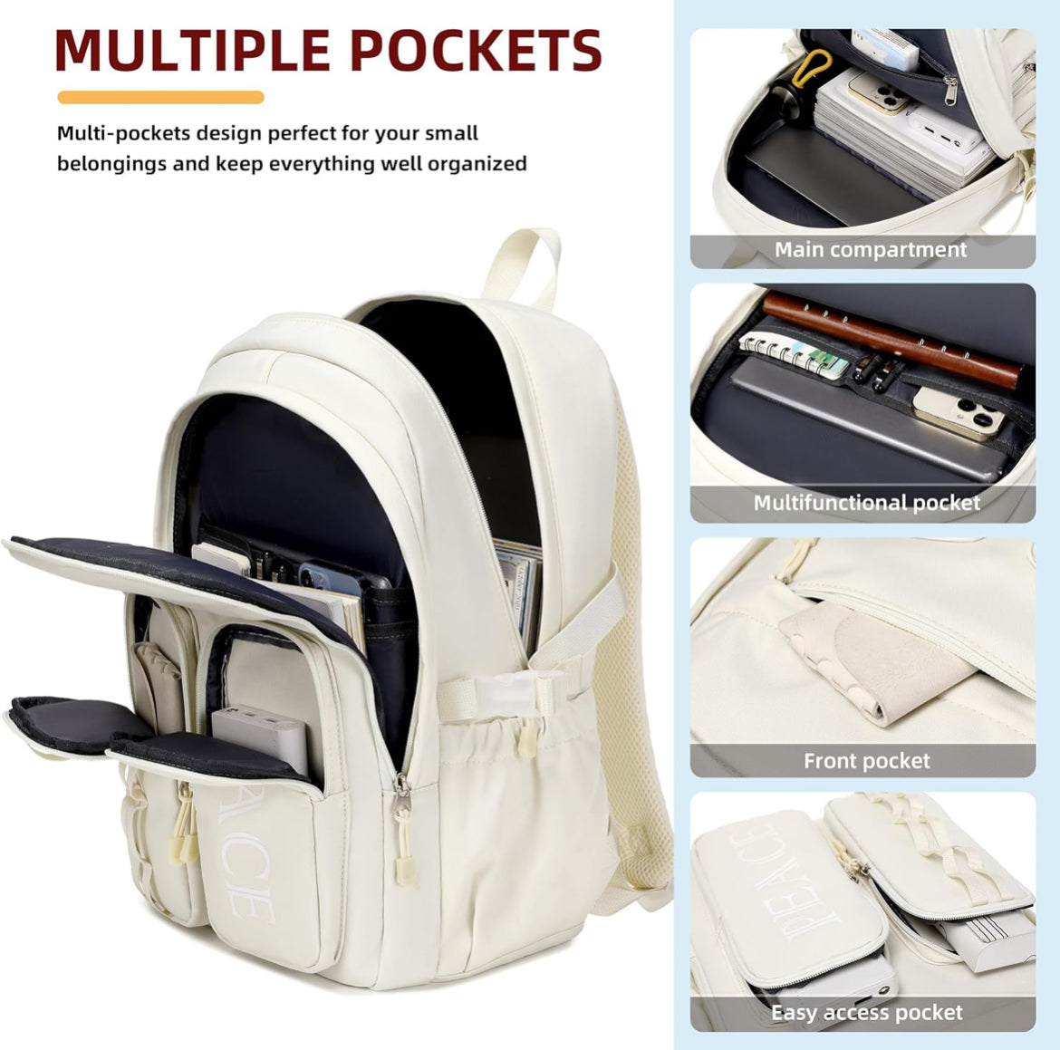 College Bookbag Laptop Backpacks 15.6 Inch Kids Elementary School Bag for Teens Girls Boys Water Resistant Sport Travel Back Pack Women Men Work Business Computer Rucksack Off White