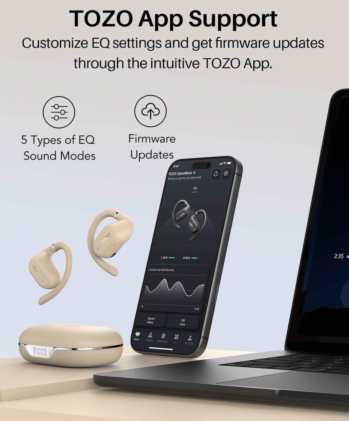 OpenWear Open Ear Headphones, Adjustable Ear Hooks, Ultra Comfort, Bass Bluetooth Headphones 5.4 with Smart Digital Display (Khaki)