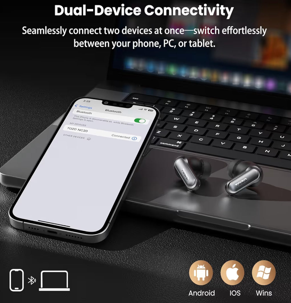 NC20 Active Noise Cancelling Wireless Earbuds, LDAC Hi-Res Sound Bluetooth, 80H Playtime, Dual Pairing, 32 EQ via App, IPX8 Waterproof - Wireless Charging Case
