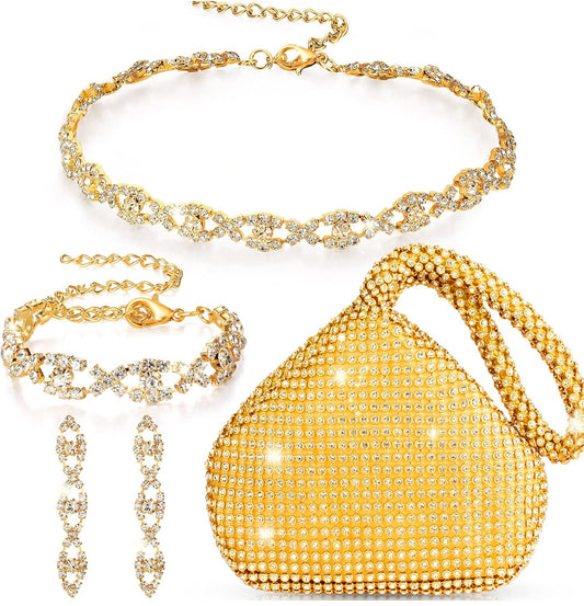 4 STUKS Strass Halsband Choker Armband Oorbelle Koppelaars Juwelestel Vroue Kristal Driehoek Glans Diamant Beursie Strass Sak vir Trou Party