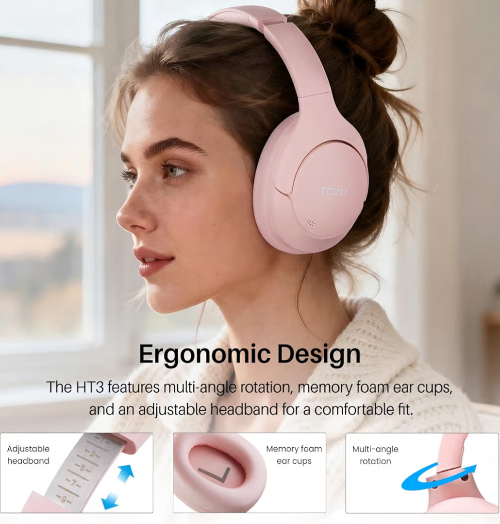 HT3 Hybrid Noise Cancelling Headphones, 90H Battery Life Over Ear Bluetooth 6.0 Foldable Headset, AI Voice Assistant - Pink